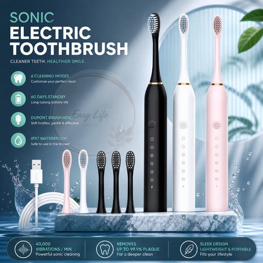 Electric Sonic Toothbrush USB Rechargeable | 6 Cleaning Modes with 4 Extra Brush | Waterproof IPX7